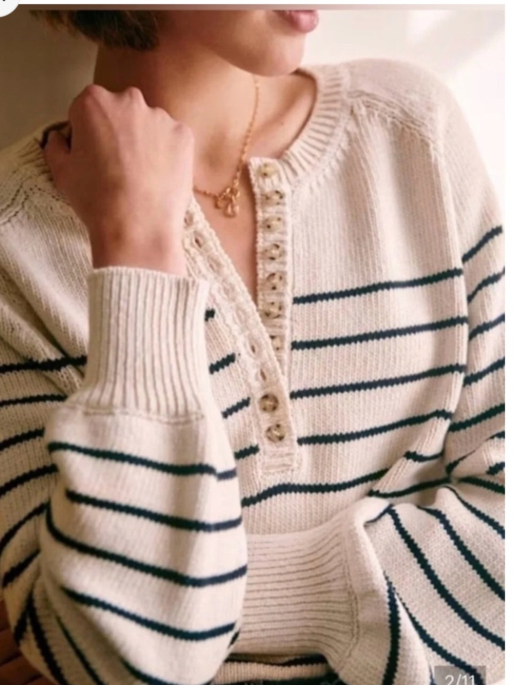 Sezane Leontine Henley Sweater Black Ecru Stripes